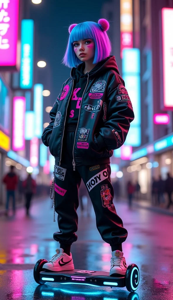 full body image of a stylized character with a futuristic, cyberpunk aesthetic. The character has bright blue hair with purple highlights, and their eyes are enhanced with blue and pink makeup, giving them a cybernetic appearance. They wear a black jacket with pink and blue accents, and there are various patches and patterns. standing flying with futuristic designed hover board. The background suggests a neon-lit urban environment, which is typical of the cyberpunk genre. The overall look is bold and fashionable, with a strong emphasis on technology and modern, high-tech fashion,