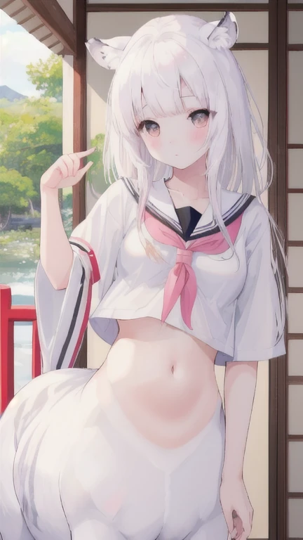 (best quality, masterpiece), 1 girl, centaur, I beg, White skin, Japanese schoolgirl,daughter,black pink, exposing the abdomen, belly button t-shirt , beautiful girl perfect, White tiger photo, 완벽한 White tiger photo