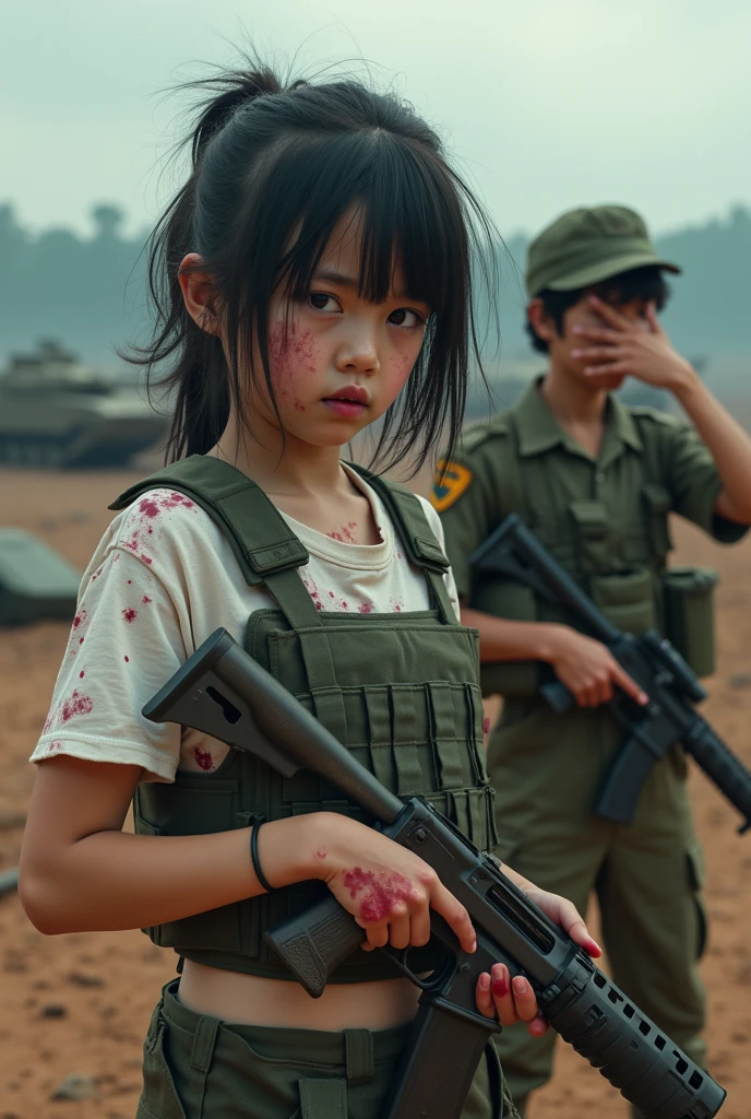A girl wearing a white crop top with blood on it, messy black hair, wear bulletproof vest, sniper rifle, standing next to the curly red haired guy, wearing korean military uniform, wearing a mortar hat, blood on face, hand shielding her, Scared face, all around is battlefield, many tanks ambulances everywhere