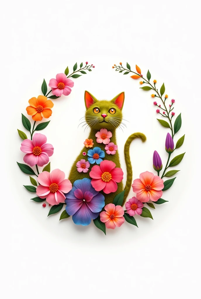  2D simple logo for a Veterinary using only flowers that form a cat and a Circle round it
