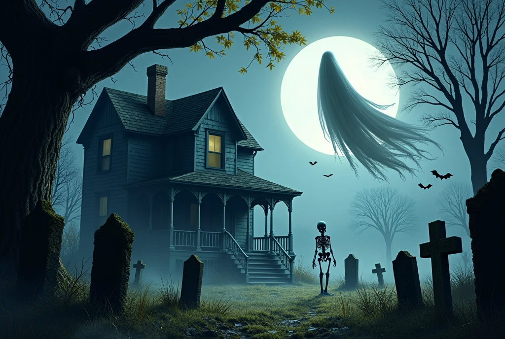 Halloween background with ghost, house, spooky, skelet, grave and moon. High detailed realistic illustration