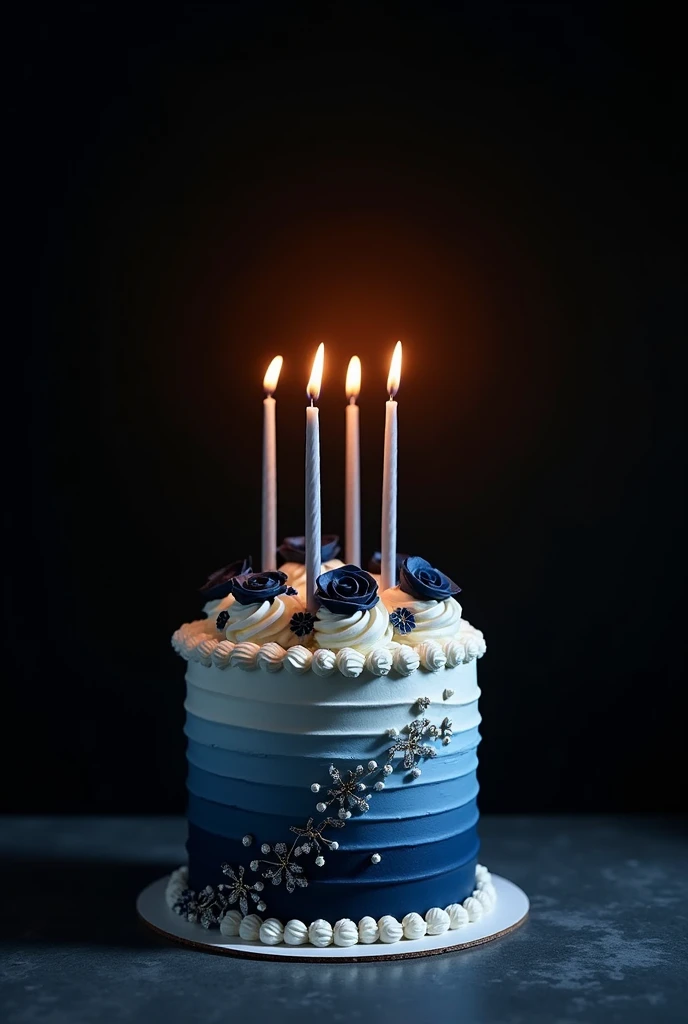 A realistic picture of simple birthday cake ( with beautiful and elegant decorations in dark blue and white colors),on top of it long straight candles for my Instagram story, the background black wall, the lights are of and there is a flashlight,