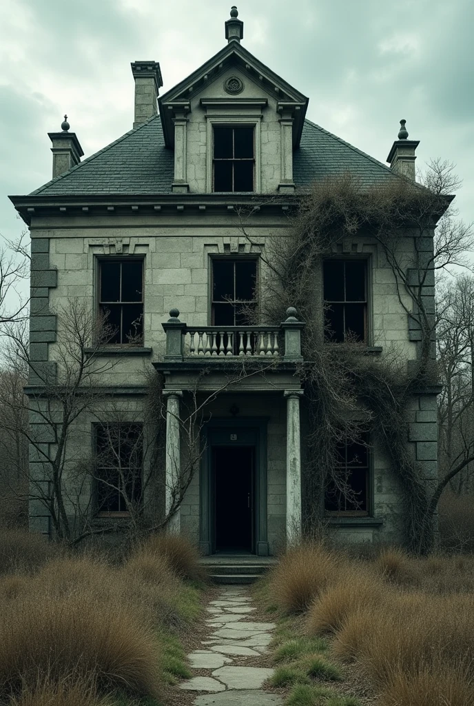 The hotel in a state of disrepair, with overgrown vines, broken windows, and a general sense of abandonment. The once-grand entrance now looks neglected and eerie.