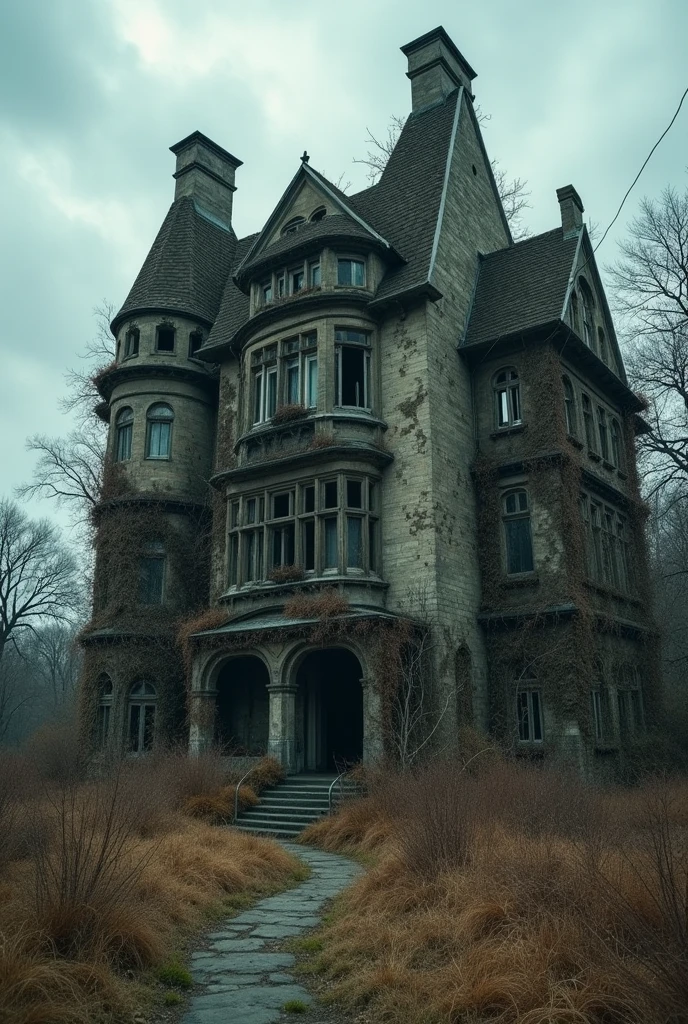 The hotel in a state of disrepair, with overgrown vines, broken windows, and a general sense of abandonment. The once-grand entrance now looks neglected and eerie.