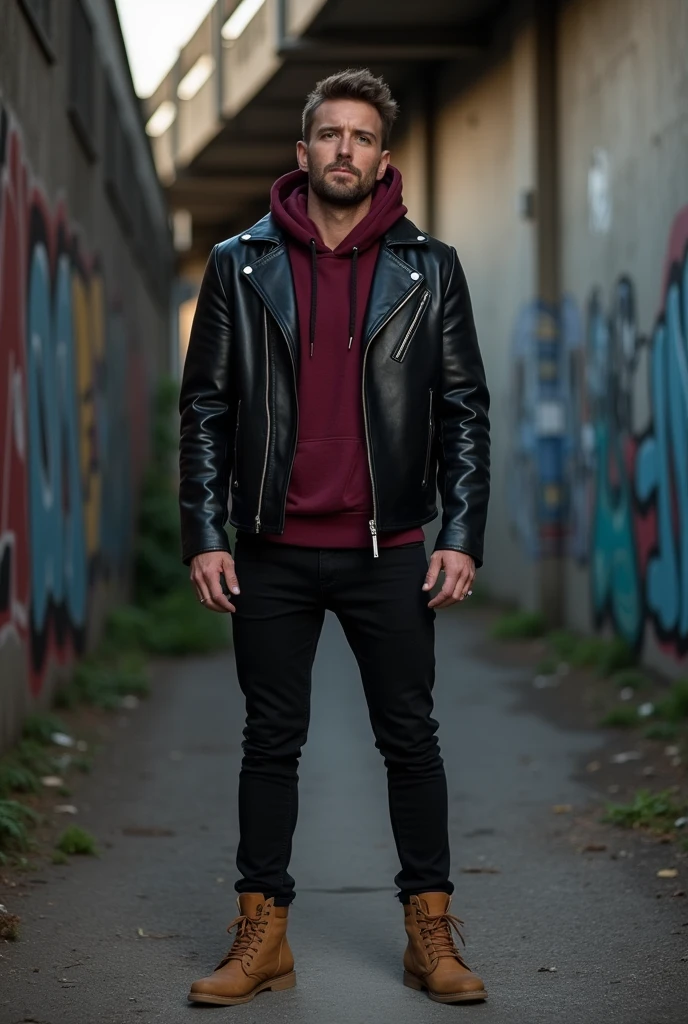 A man in a leather jacket, Underneath a wine red hooded shirt and wearing black pants and camel-colored boots