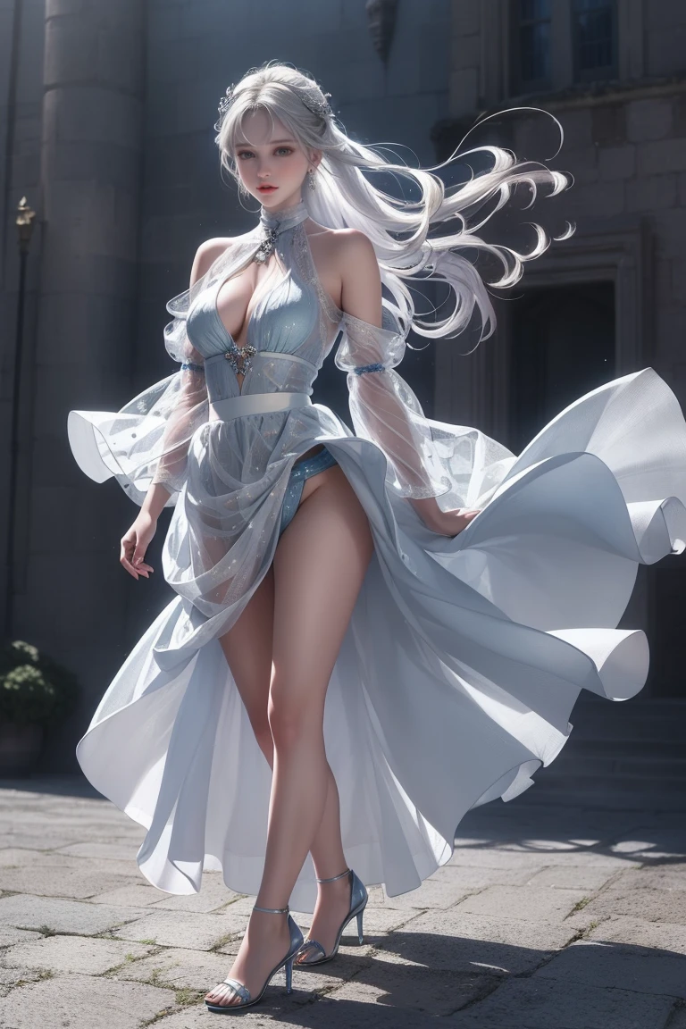 ((Girl standing in front of the castle wall))、Fluorescent color、One Girl、Look to the side、Beautiful Face、Beautiful Eyes、(Big Blue Eyes)(Rear view)、(look back)、(Silver blunt hair)、Shiny Hair、Glowing Skin、Reduce glare、Finger Proportion Adjustment、Escrow、Butt viewpoint、Dynamic Angle、((Master Parts))、((Highest quality))、(((Ultra Details)、(An illustration)、(Detailed light)、(Very delicate and beautiful)、Dramatic Shadows、Ray tracing、reflection、Ultra-high resolution、((Master Parts))、((Highest quality))、((Ultra HD))。 Ultra-high resolution、((Colorful hair and mesh))、Her hair flutters in the wind、(Big deep blue eyes)、Silvery white hair、haired woman、Sparkling Butterfly、Sparkling Butterfly、黒haired woman、Points of light around the woman、Magical Aura、Green dot、The nature of the aura、Magical Aura黒haired woman、 ((Translucent blue one-shoulder dress: 1. 3)、(No sleeve)、((The skirt flutters up in the wind))、((An old European castle stands in the distance))、(White panties are visible)、(Full Body Shot),(Long legs)、(High heels),