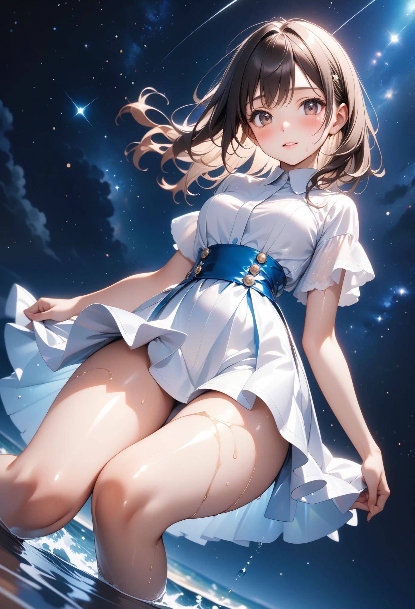 (((Costume inspired by the sea of ​​stars, skirt))), ((Shiny Costumes)), ((skindentation)), skinny, solo, 1 woman, Masterpiece, highest quality, highest quality, 16K, incredibly absurd, highly detailed, 2.5D, ai-generated, delicate and dynamic, very delicate facial expressions, delicate eye depiction, erotic, only sexy woman, ((A cute and kind face)), healthy figure, ((25-year-old woman)), 160cm tall, medium firm swaying bust, Dark Hair, blush, Sweat,Embarrassed,sexy, ((thin thighs)), shiny and lustrous, facing straight at viewer, (((in heat))), ((Oily_skin)), ((Lots of sweat)), (((Brown Skin))), ((dutch angle)), ((erotic pose)), (((Dynamic Pose))), ((Starry Sky)),