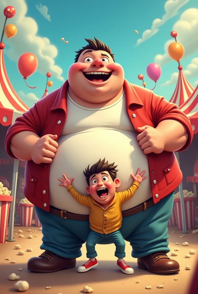 A man being sandwiched between the chests of a fat man with a belly