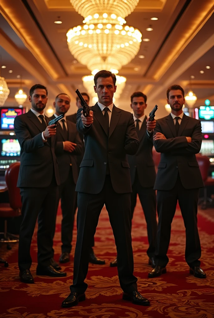 7 group members firing who done perfect diamonds heist stand in casino with hostages 