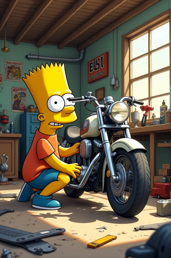 Bart simpson fixing a retro motorcycle
