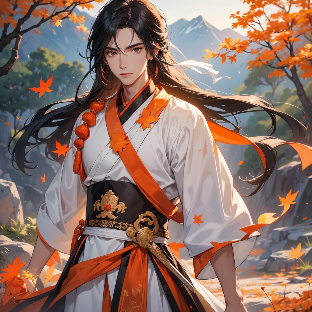 Handsome black-haired male general holding a large sword in white ancient Chinese general costume, walking In the middle of a spring mountain ,the backdrop is a mountain that turns orange-red in spring, and maple leaves fall from the trees.The sun shines and the sun rises, close up.