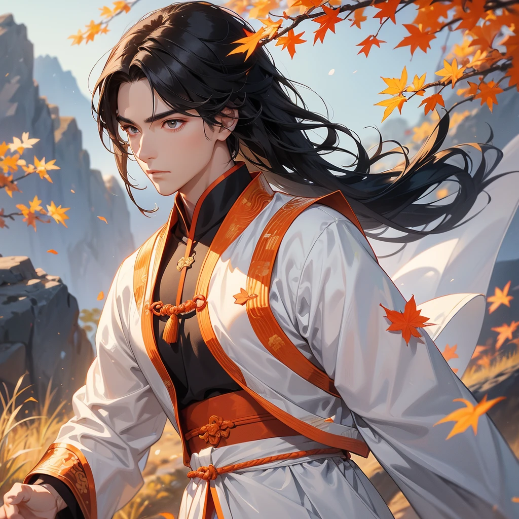 Handsome black-haired male general holding a large sword in white ancient Chinese general costume, walking In the middle of a spring mountain ,the backdrop is a mountain that turns orange-red in spring, and maple leaves fall from the trees.The sun shines and the sun rises, close up.
