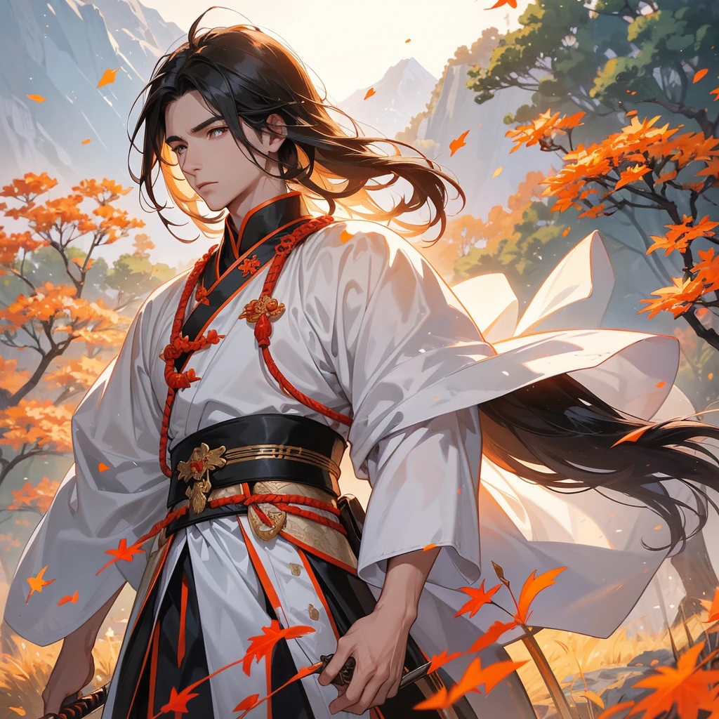 Handsome black-haired male general holding a large sword in white ancient Chinese general costume, walking In the middle of a spring mountain ,the backdrop is a mountain that turns orange-red in spring, and maple leaves fall from the trees.The sun shines and the sun rises, close up.
