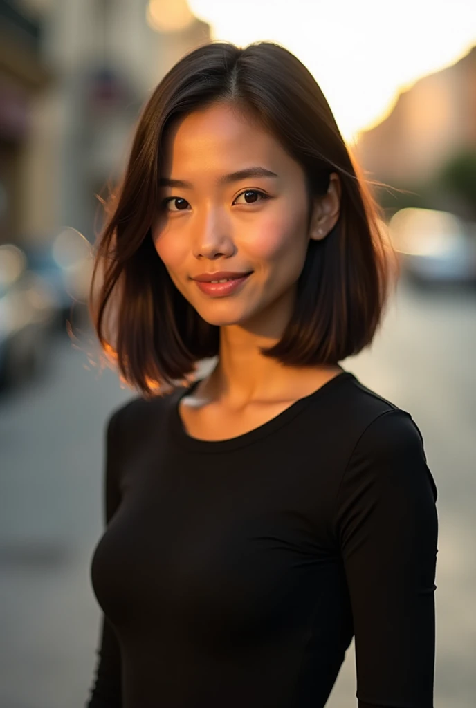 slightly tanned filipina with chinese eyes, short straight hair up to shoulders, wearing black top