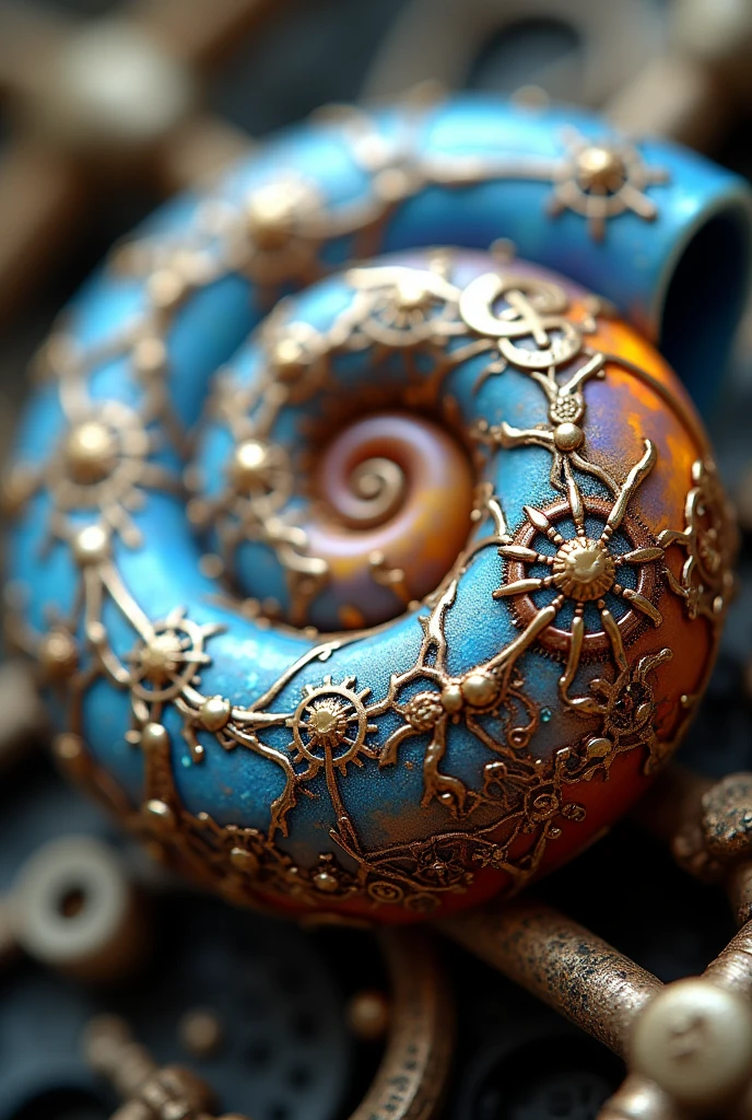 Macro Close-up of a blue, white, Steampunk style orange and purple nautilus with opalescent notes. Best Quality, Very detailed, Very complex and very ornate image., Hyper-realistic 3D rendering and stunning 4K imagery., Photo, 3d rendering, Vibrant