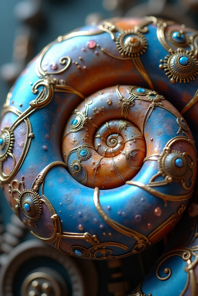 Macro Close-up of a blue, white, Steampunk style orange and purple nautilus with opalescent notes. Best Quality, Very detailed, Very complex and very ornate image., Hyper-realistic 3D rendering and stunning 4K imagery., Photo, 3d rendering, Vibrant