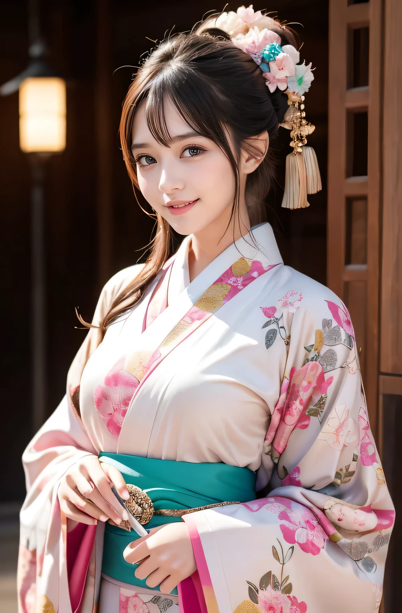 very cute girl, super cute face,clear attractive eyes, detailed Beautiful eyes,smiling, realistic photograph,gorgeous flamboyantly colored long sleeves kimono,
furisode ,very beautiful kimono,
Costume lighting