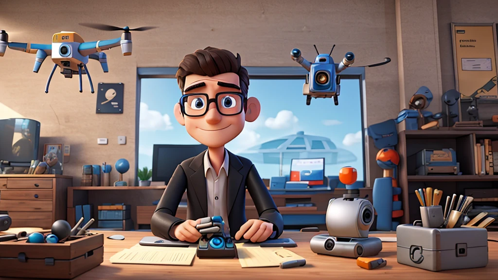 nerd inventor cartoon,invention,robot,drone