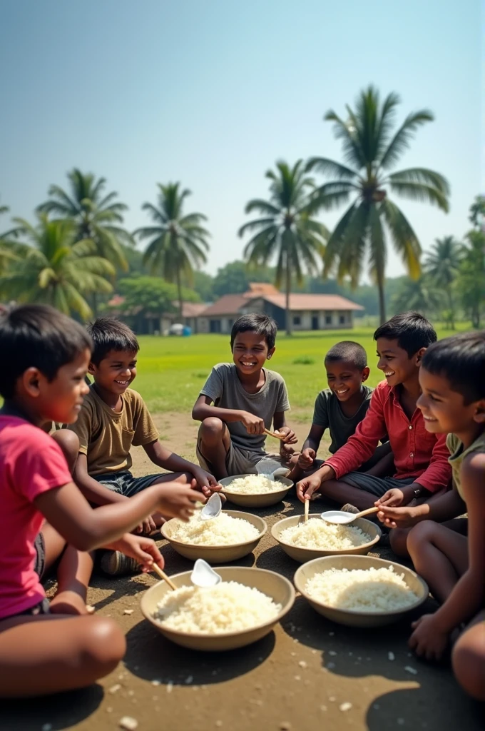 Bangladeshi Poor children eating streaming rice 