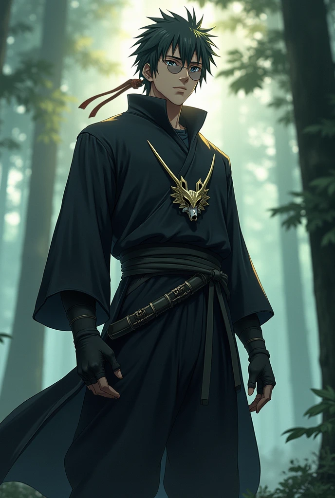 anime, man, inspired by hiruzen sarutobi with combat clothing ( black with logo of a wolf's head with two sabers), black pants, round glass bezel