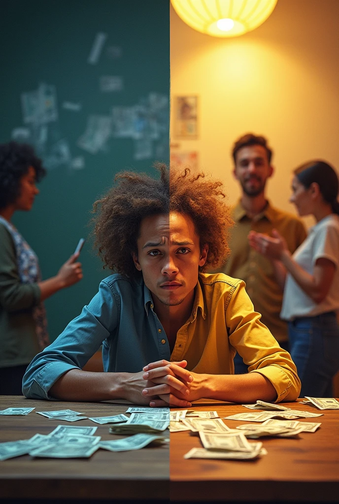 "An image split into two halves:
Left side: Illustration of a person looking frustrated and unsuccessful while trying various methods to earn money.
Right side: Illustration of a person feeling fulfilled and successful while actively helping others in need, demonstrating empathy and effective problem-solving."