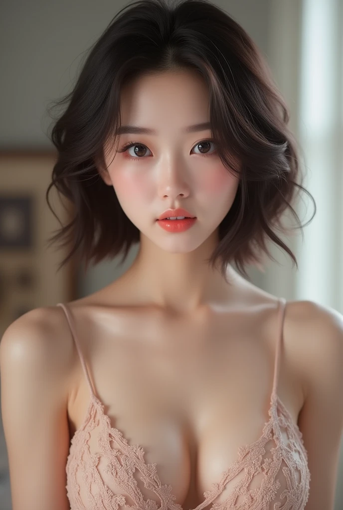 beautiful breasts, (cleavage), bob hair, (1girl), 18yo, sweet girl, cute idol, Cheerful, gentle, soothing, beautiful girl with beautiful details, (shiny pink lips:1.3), extremely detailed eye and face, glossy lips, (See-through lace costume with cute details and wide open breasts), Bare shoulders, (Bare chest, areola:1.35), Realistic, extremely detailed CG unified 8k wallpaper, ighly detailed, High-definition raw color photos, professional photograpy, Realistic portrait, Cinematic Light, Beautiful detailed, (Realistic skin:1.2), (Best Quality:1.4), Super Detail, High quality, Indoor, depth of fields,