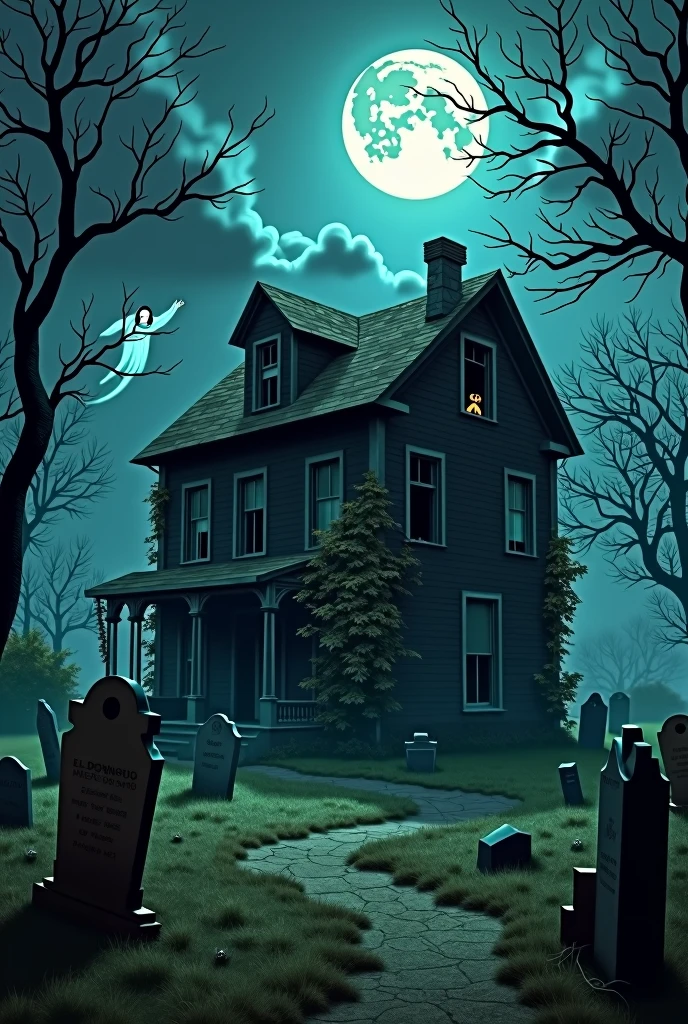 Halloween background with ghost, house, spooky, skelet, grave and moon. High detailed realistic illustration