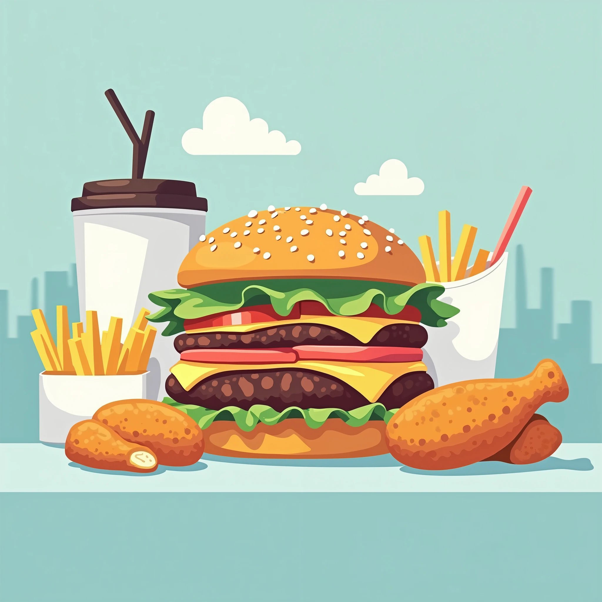 modern style,Flat设计,a fast food shop,Hamburger,fries,Cola,Fried chicken,Minimalist style,Non-realistic style,Flat,flat style,Cool colors