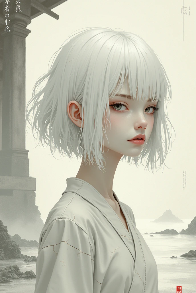 Make a character of a full-body white girl. Short white hair and white skin with cracks Bizarre 2d ancient Japanese drawing style. It's the gray one, spookydrawingvery simplewith letters with titledream