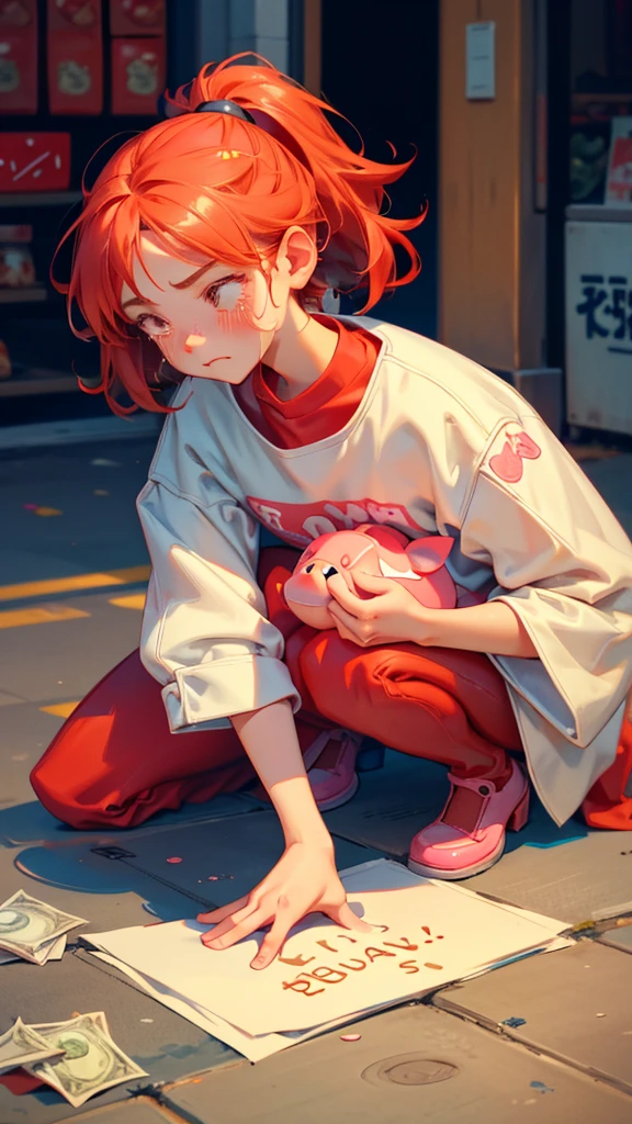 a girl with sad crying  face reaction while she holding up a sign that says "Wishing, buy high, sell low", surrounded by piggy banks and money on the ground, in a cartoon style. red color,