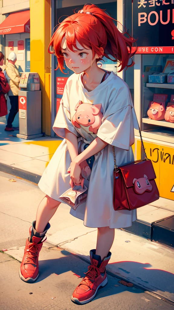 a girl with sad crying  face reaction while she holding up a sign that says "Wishing, buy high, sell low", surrounded by piggy banks and money on the ground, in a cartoon style. red color,