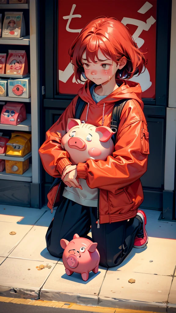 a girl with sad crying  face reaction while she holding up a sign that says "Wishing, buy high, sell low", surrounded by piggy banks and money on the ground, in a cartoon style. red color,