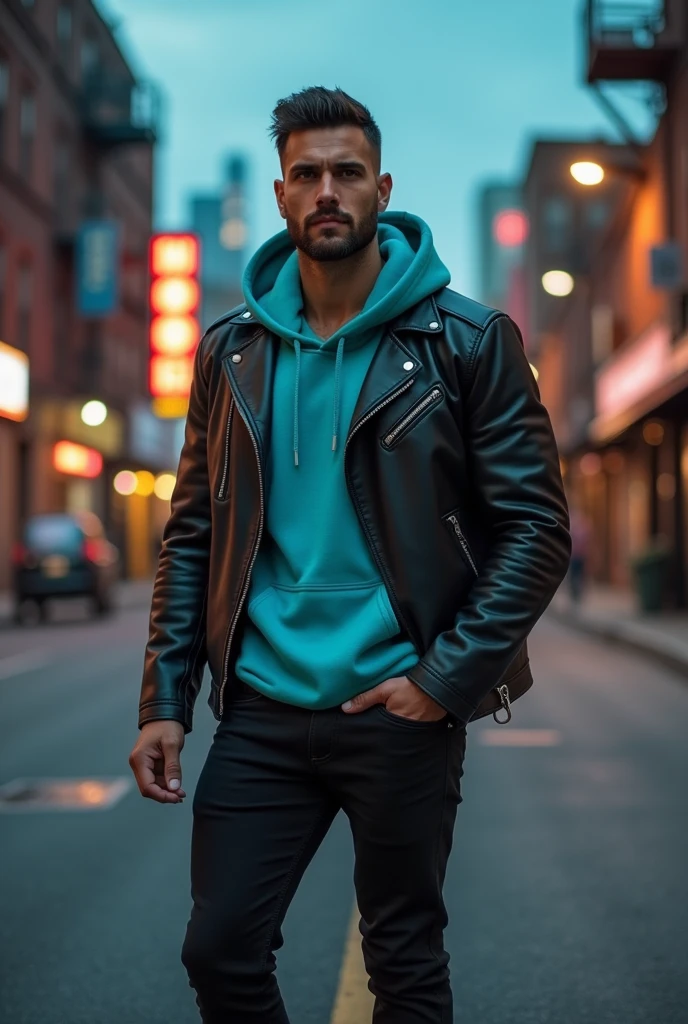 A man in a leather jacket, underneath a turquoise hooded shirt and wearing black pants and camel-colored boots