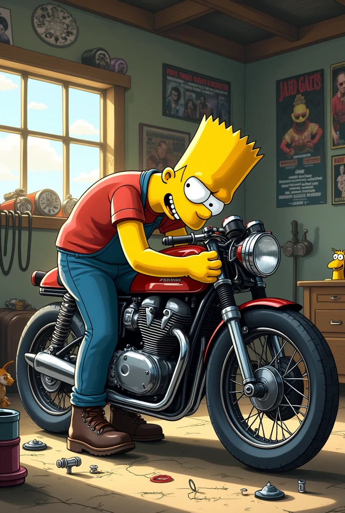Bart Simpson fixing a cafe racer motorcycle