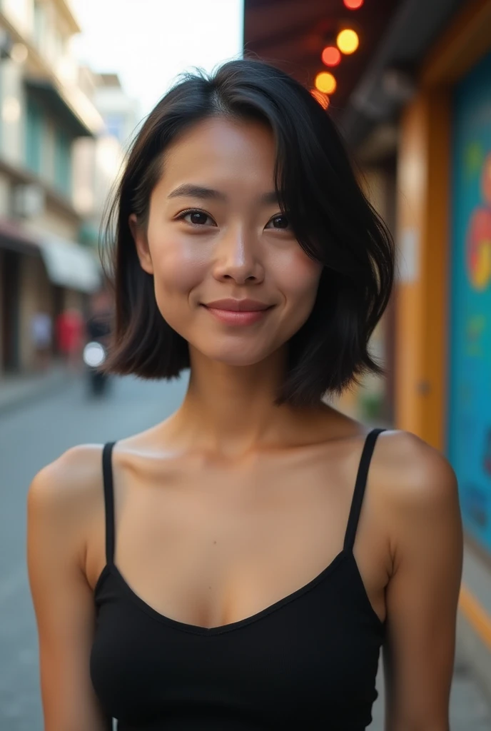 slightly tanned filipina with chinese eyes, short straight hair up to shoulders, wearing black top, around 20 years old