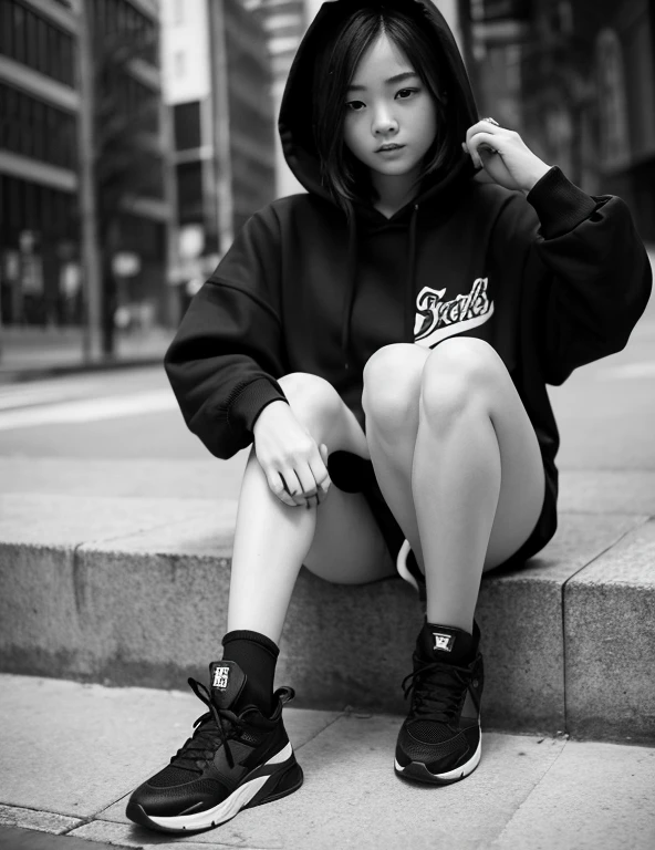 18-year-old female,Black hoodie,Het Fong,Black and white sneakers,Are standing,Erotic