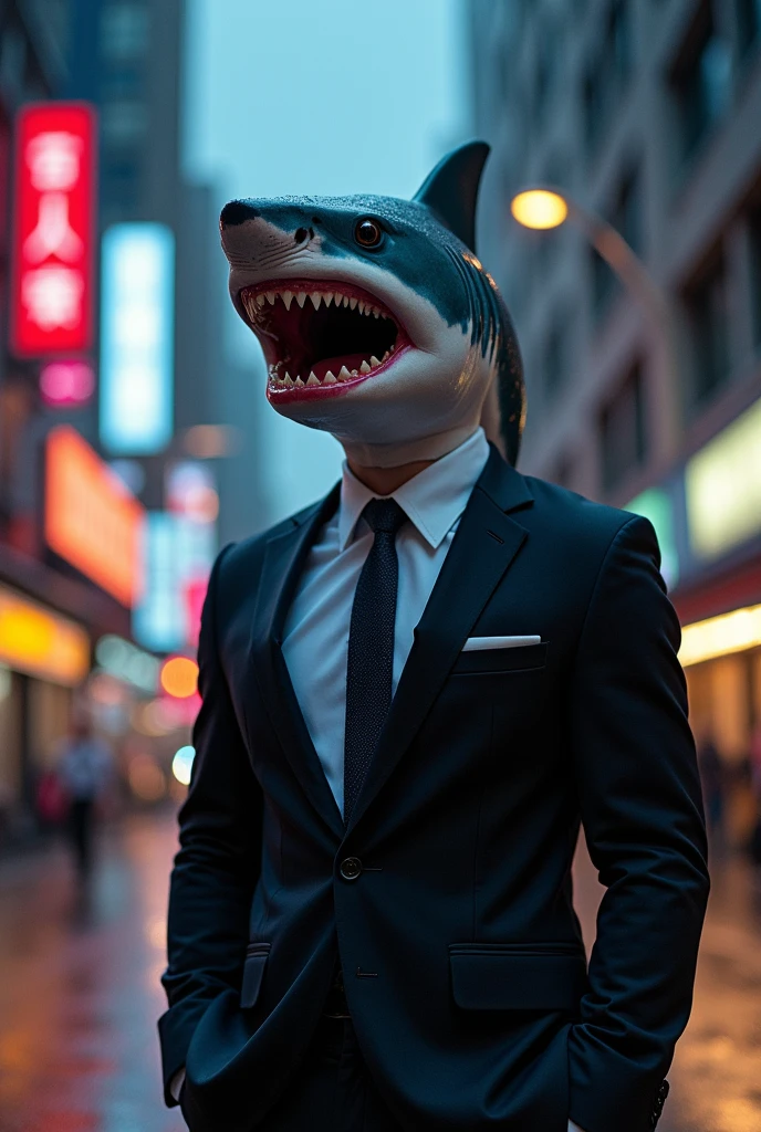 A human in a suit with a shark head