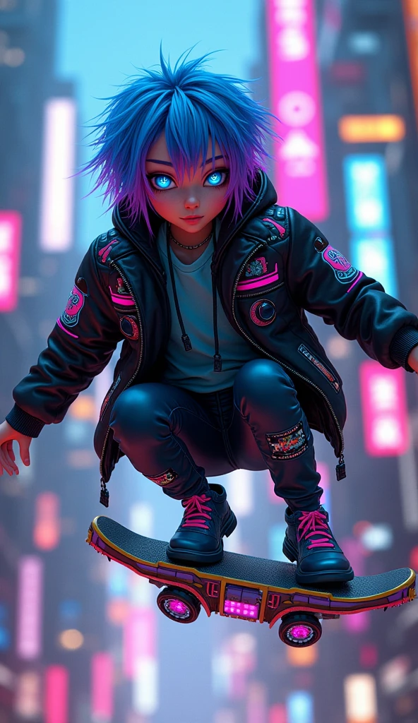 full body image of a stylized character with a futuristic, cyberpunk aesthetic. The character has bright blue hair with purple highlights, and their eyes are enhanced with blue and pink makeup, giving them a cybernetic appearance. They wear a black jacket with pink and blue accents, and there are various patches and patterns. action flying with futuristic designed hover board. The background suggests a neon-lit urban environment, which is typical of the cyberpunk genre. The overall look is bold and fashionable, with a strong emphasis on technology and modern, high-tech fashion,