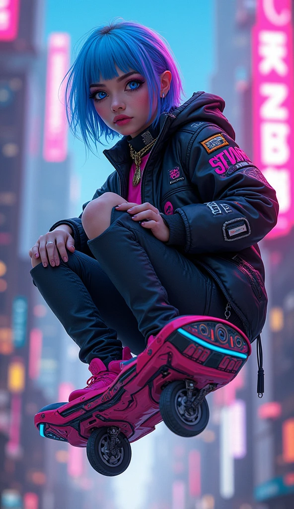 full body image of a stylized character with a futuristic, cyberpunk aesthetic. The character has bright blue hair with purple highlights, and their eyes are enhanced with blue and pink makeup, giving them a cybernetic appearance. They wear a black jacket with pink and blue accents, and there are various patches and patterns. action flying with futuristic designed hover board. The background suggests a neon-lit urban environment, which is typical of the cyberpunk genre. The overall look is bold and fashionable, with a strong emphasis on technology and modern, high-tech fashion,