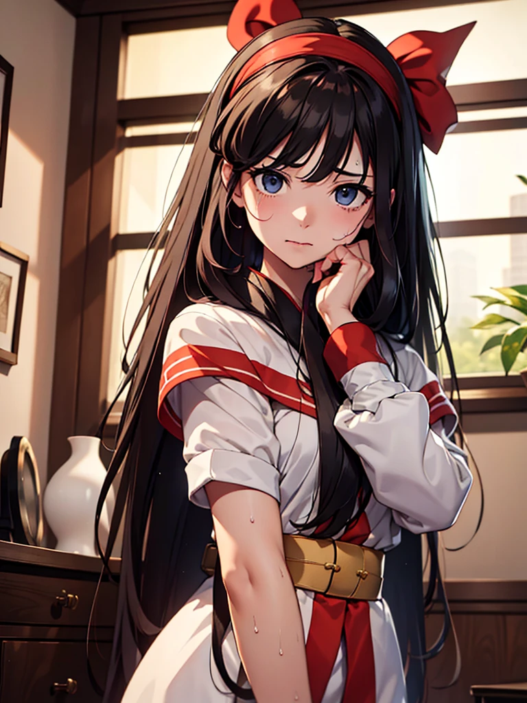 (masterpiece、top-quality、hight resolution、Unity 8k、extremely details CG:1,Best Picture), hotel room, sweat, A woman is in a crisis of chastity. Her face has an expression of alarm, her eyes are wide with surprise and her eyebrows are raised in panic, ((Shivering, Breaking into a cold sweat, Becoming paralyzed with fear)),red ribbon, hair band