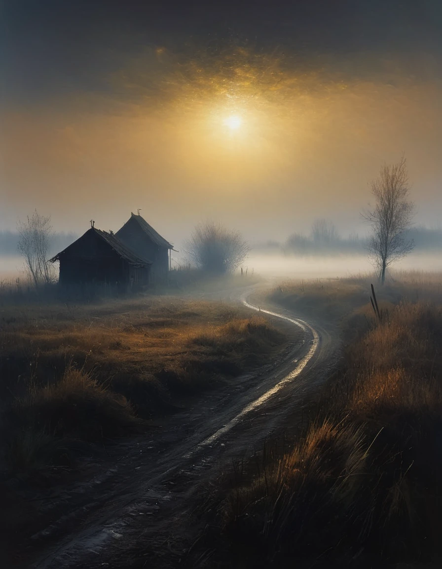 (((painting))) of a landscape permeated with mystery, early morning in a Russian village, thick fog and the first rays of the sun, dark atmosphere, cinematic scene, volumetric lights, ultra realistic, in the style of nicola samori