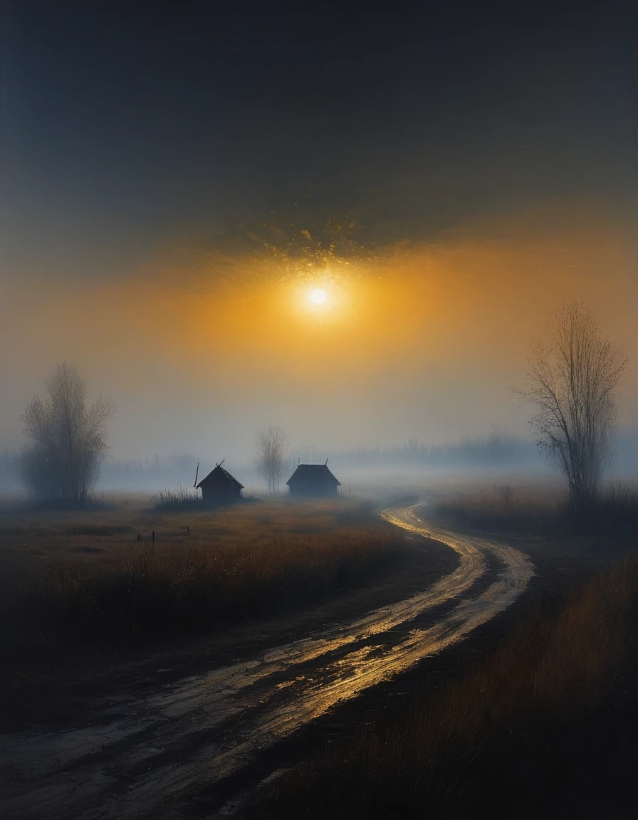 (((painting))) of a landscape permeated with mystery, early morning in a Russian village, thick fog and the first rays of the sun, dark atmosphere, cinematic scene, volumetric lights, ultra realistic, in the style of nicola samori
