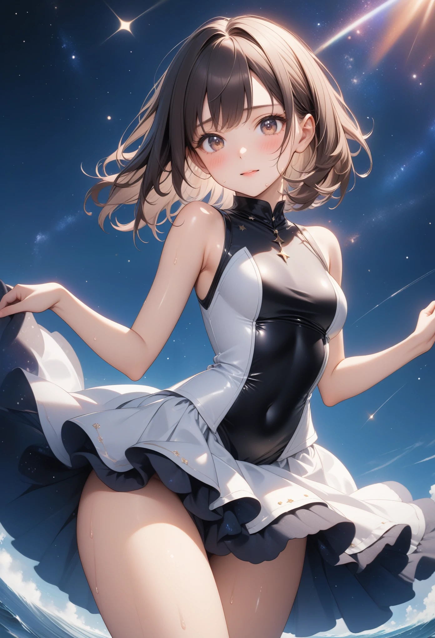 (((Costume inspired by the sea of stars, skirt))), ((Shiny Costumes)), ((skindentation)), skinny, solo, 1 woman, Masterpiece, highest quality, highest quality, 16K, incredibly absurd, highly detailed, 2.5D, ai-generated, delicate and dynamic, very delicate facial expressions, delicate eye depiction, erotic, only sexy woman, ((A cute and kind face)), healthy figure, ((25-year-old woman)), 160cm tall, medium firm swaying bust, Dark Hair, blush, Sweat,Embarrassed,sexy, ((thin thighs)), shiny and lustrous, facing straight at viewer, (((in heat))), ((Oily_skin)), ((Lots of sweat)), (((Brown Skin))), ((dutch angle)), ((erotic pose)), (((Dynamic Pose))), ((Starry Sky)),, (camel toe:0.7), (visible nipples:0.7), (Erect nipples,:0.7),