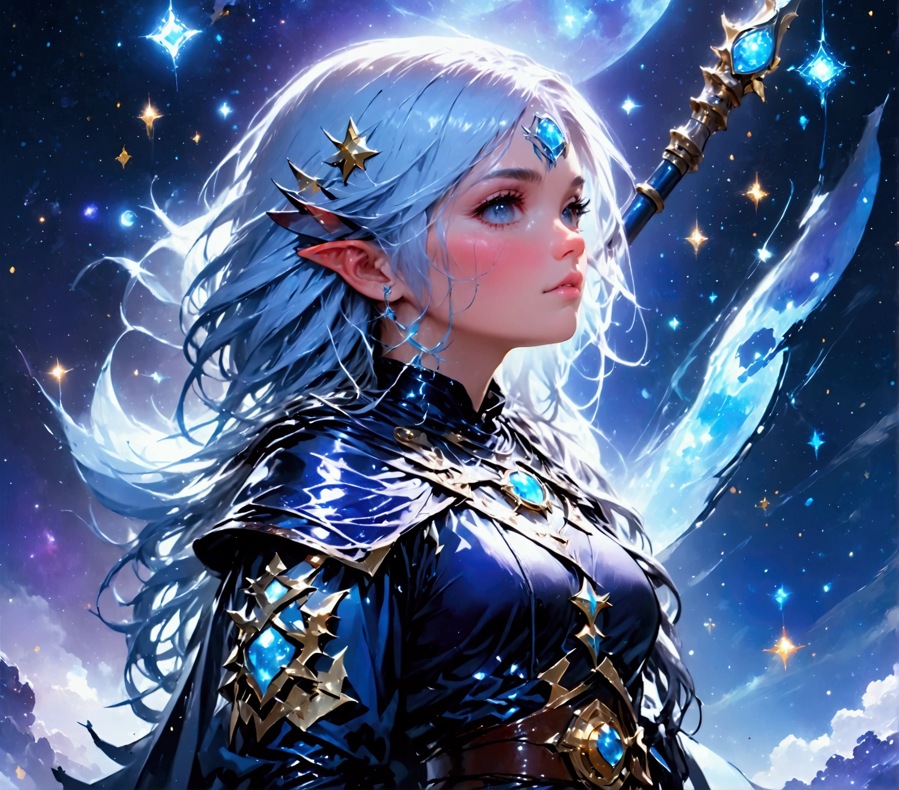 comic art , dnd art, rpg art, realistic art, female human druid of the stars, guardian of nature, controlling magical energy made of stars, swirling blue stary magical light, divine symbols, (under the sky filled with stars: 1.4), human female, busty, extremally beautiful, ultra feminine, busty, dynamic hair, dynamic hair color, wearing leather armor, holding a staff, moon light, stars, dynamic natural background, RPG art, magical atmosphere magic-fantasy-sky full with colorful stars, high details, best quality, 16k, [ultra detailed], masterpiece, best quality, (extremely detailed), dynamic angle, ultra wide shot, photorealistic, ((fantasy art)) ultra best realistic, best details, best quality, 16k, [ultra detailed], masterpiece, best quality, (extremely detailed), ultra wide shot, photorealism, depth of field, hyper realistic painting, rpg portrait, mad-nbla