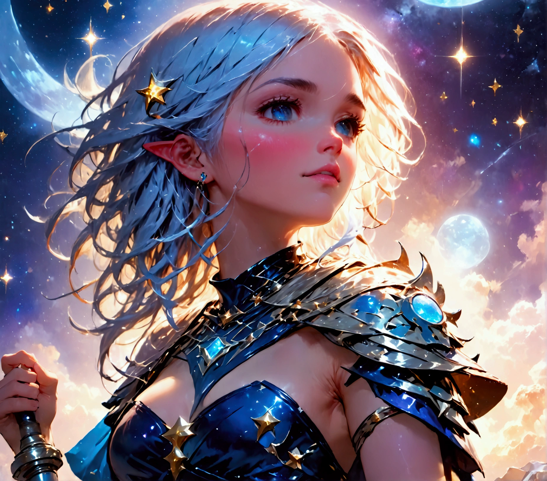 comic art , dnd art, rpg art, realistic art, female human druid of the stars, guardian of nature, controlling magical energy made of stars, swirling blue stary magical light, divine symbols, (under the sky filled with stars: 1.4), human female, busty, extremally beautiful, ultra feminine, busty, dynamic hair, dynamic hair color, wearing leather armor, holding a staff, moon light, stars, dynamic natural background, RPG art, magical atmosphere magic-fantasy-sky full with colorful stars, high details, best quality, 16k, [ultra detailed], masterpiece, best quality, (extremely detailed), dynamic angle, ultra wide shot, photorealistic, ((fantasy art)) ultra best realistic, best details, best quality, 16k, [ultra detailed], masterpiece, best quality, (extremely detailed), ultra wide shot, photorealism, depth of field, hyper realistic painting, rpg portrait, mad-nbla