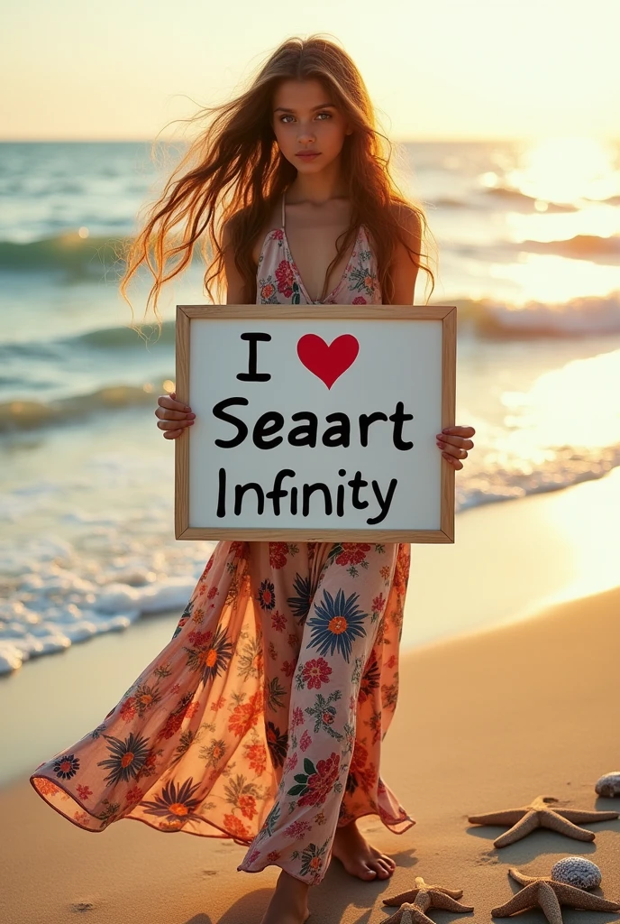 Beautiful girl with wavy long hair, bohemian dress, holding a white board with text "I Love Seaart Infinity" and showing it to the viewer