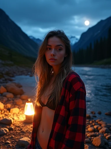 attractive nordic woman, shy, ((upper body selfie, innocent)), masterpiece, best quality, ultra-detailed, solo, outdoor, (night), mountains, nature, (stars, moon) , shy, backpack, sleeping bag, camping stove, water bottle, country boot, country hat, red plaid shirt long sleeve open, lantern, forest, rocks, river, wood, smoke, shadows, contrast, clear sky, style, (warm hue, warm tone: 1.2), close-up, cinematic light, side lighting, ultra high resolution, best shadow, RAW, upper body, wearing lingerie, seductive look, huge breasts, 4k, open neckline, sexy