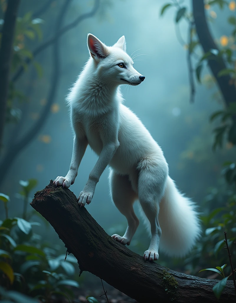 (((masterpiece))), (((Highest quality))), ((Very detailed)), (photograph), (photo:1.2) of a Snow ugly fox, anthropomorphic shape, humanoid form, woman body, small breasts, big hips, little coverings, action pose on a fallen tree trunk, jungle background, motion blur, cinematic action angle, cinematic angle, cinematic perspective, action shot, action perspective. intricate details, shimmering, sparkling, iridescent, mesmerizing, dreamlike, ethereal, cinematic lighting, dramatic shadows, vibrant colors, soft focus, hyper realistic, masterpiece. [Entire scene is surrounded by mist, evoking a mysterious and eerie atmosphere. The lighting is dark and atmospheric, with smoke and fog adding a touch of sinister ambiance. Best quality image, HDR enhancement, showcasing the utmost level of detail and realism]. [8K, Best Quality, Ultra High Resolution, (highly detailed CG unity 8k wallpaper), (best photo), (best shadows), isometric 3D, octane rendering, ray tracing, highly detailed, (Best quality, 4K, 8k:1.2), absurdity, ultra detailed, (realistic, photorealistic, photorealistic:1.37), complex parts, HDR, (complex parts:1.12), (hyper detailed, hyper realistic, Soft lighting, spicy:1.2), (complex parts, Hyper detailed:1.15). Blurred foreground. (backlit), masterpiece, high quality, brightness, chromatic aberration, foggy smoke, shadows, contrast, (warm hue, warm tone), high details, natural reflections]. many details. Cinematic lights. photo.