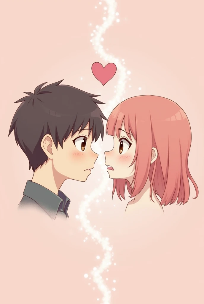 Create an illustration in the anime-inspired style with pastel colors and soft shading, similar to the second image, showing two sad-faced characters, one male and one female, who are separated by a broken heart. The background should be a soft pink, and the characters should have simple, expressive faces with subtle details. The overall mood should convey a sense of emotional distance and detachment, with the characters positioned facing forward but with downcast expressions.