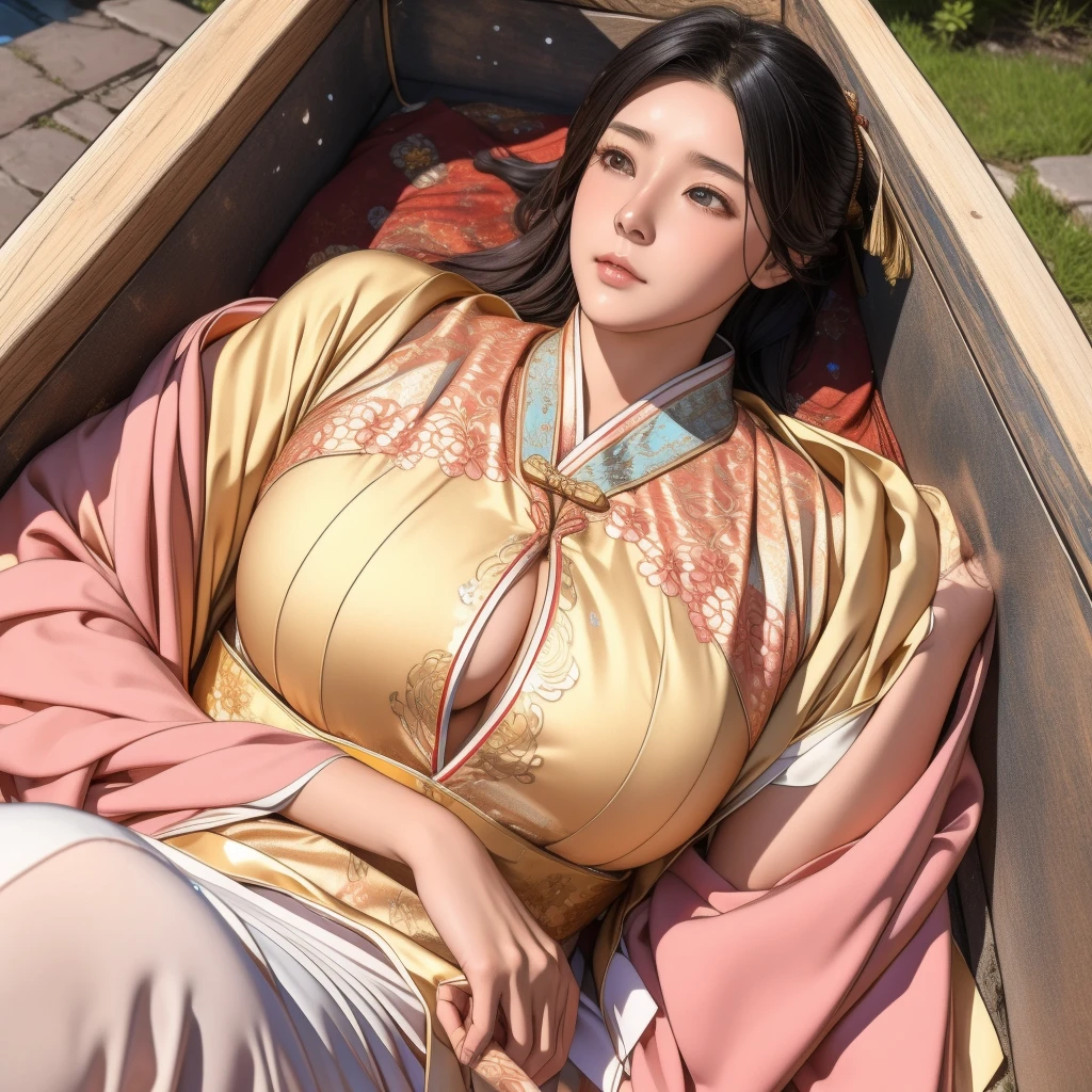 The 19-year-old beautiful wife is wearing a gorgeous ancient Chinese Hanfu with her cleavage exposed and she is lying on the well with a sad expression.